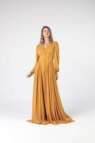 ALİS DRESS Uzun Kollu Düğmeli Safran Şifon Abiye