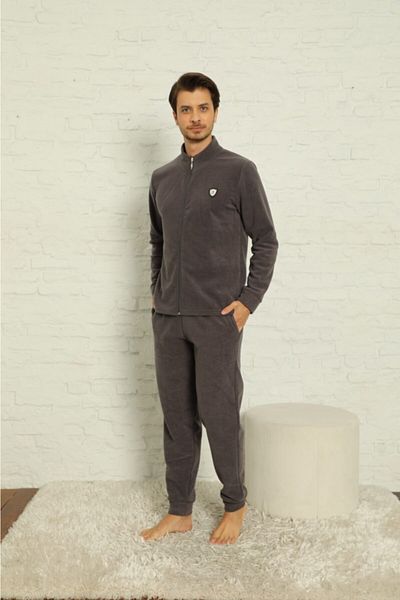 BERİN HOMEWEAR Men's Smoked Winter Fleece Front Zipper Pajama Set