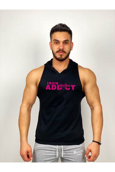 Black İstanbul قميص رجالي أسود عادي - مدمن حديد وردي - هودي رياضي بدون أكمام ...