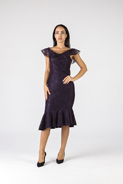 ALİS DRESS Mor Omuzları Düşük Kısa Dantel Elbise