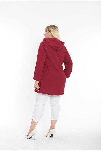 By Alba Collection Women's Imported Ayrobin Fabric Large Size Hooded Cardigan Claret Red