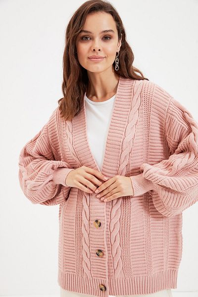 Trendyol Modest Puderfarbener, geflochtener, locker geschnittener Strick-Cardigan TCTAW22TH0002