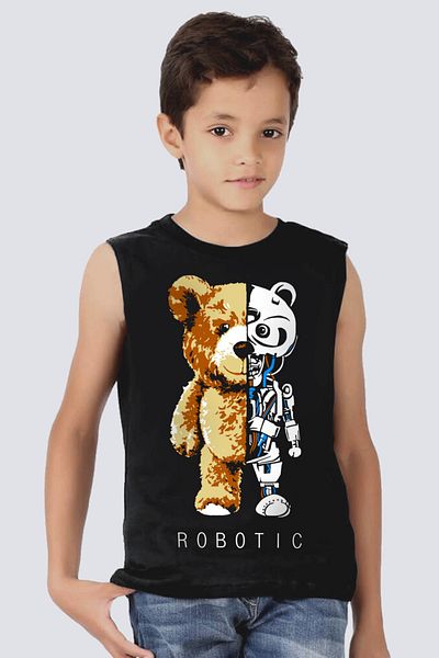 ROCKANDROLL Boy Black Robot Bear Cut Arm | Sleeveless T-shirt | Athlete