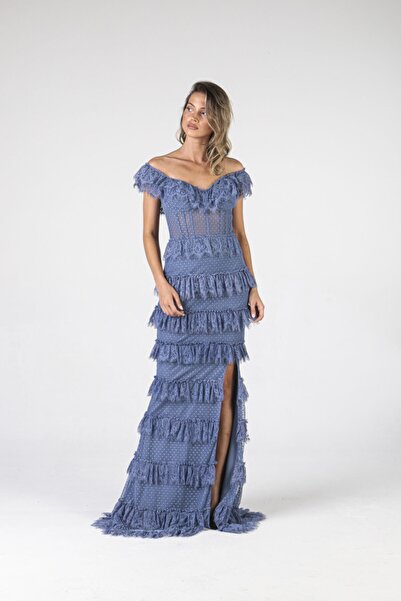 ALİS DRESS Eteği Kat Kat Beli Transparan Yırtmaçlı Indigo Abiye
