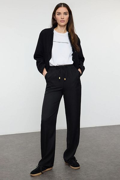 Trendyol Collection Black Straight/Straight Cut Elastic Waist Lace-Up Linen Look Pants Twoss24Pl00056