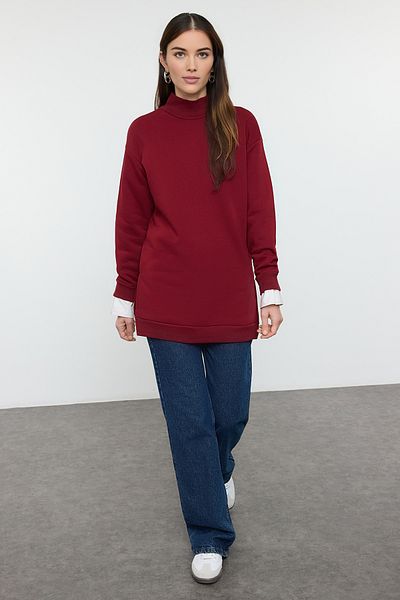 Trendyol Modest Übergroßes Sweatshirt aus bordeauxrotem Fleece mit Stehkragen und Schlitzdetail TCTAW25TW00004