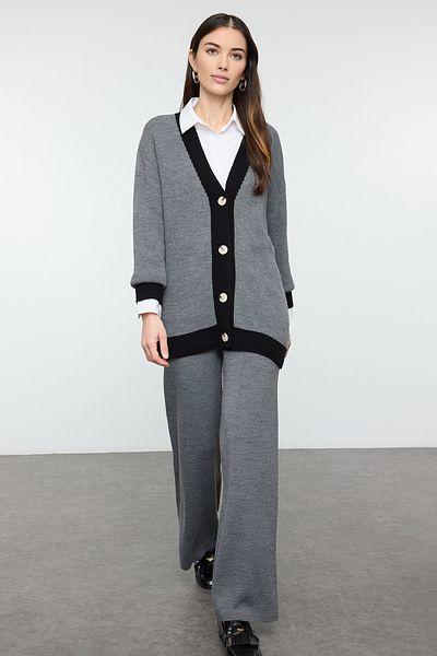 Trendyol Modest Antracit kötöttáru kardigán és nadrág szett - csíkos részlet TCTAW22AU0156