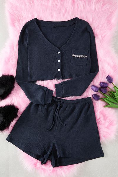 Trendyol Collection Set de pijamale tricotate cu nervuri brodate cu slogan indigo THMAW22PT0229