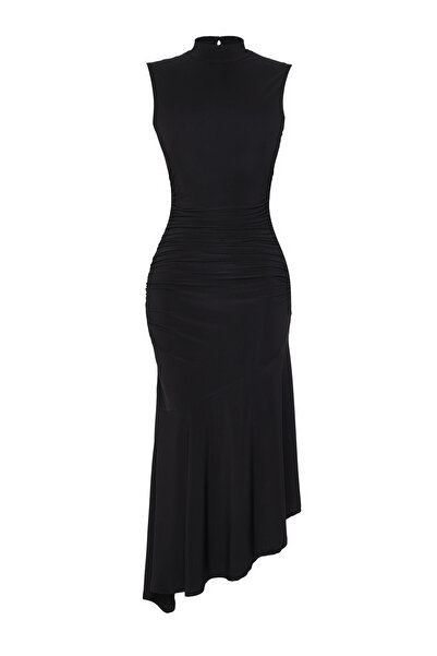 Trendyol Collection Schwarzes, gestricktes, schickes Abendkleid mit Rüschendetail am Saum, Nachtabendkleid TPRSS25EL00005