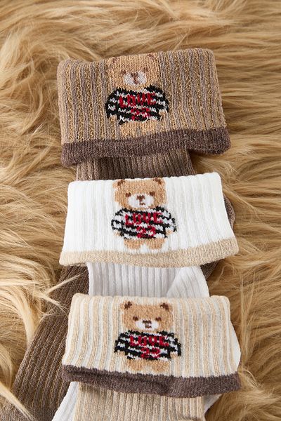 Trendyol Collection Кафяво-бяло-бежово 3 пакета жакардови плетени чорапи с плюшено мече Thmaw25Co00008