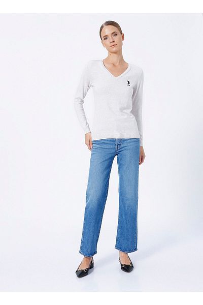 U.S. Polo Assn. Pulover de damă cu decolteu în V uni ecru Gtd02-bsk22