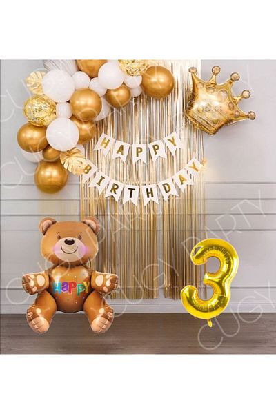 CUGY Birthday Special Day Celebration Party Set with Teddy Bear Figure, Gold & White Colors, Age Options