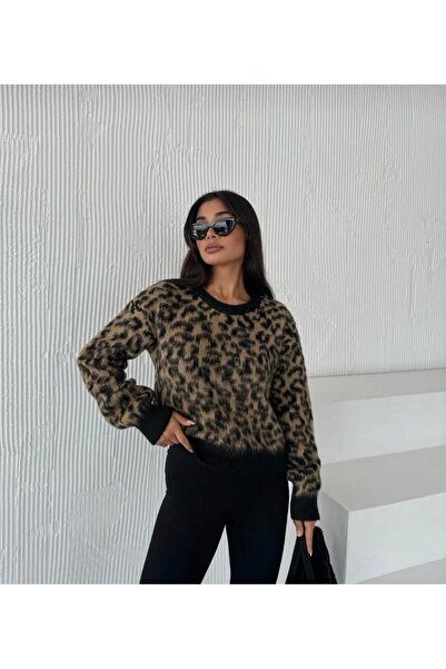 Kadın Leopar Desenli Yün Karışımlı Kazak