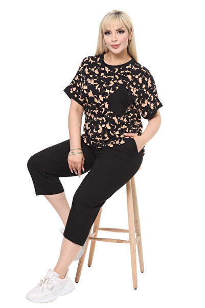 MELSAY Γυναικείο σετ Capri με κοντό μανίκι τσέπες με μαύρο σχέδιο παραλλαγής