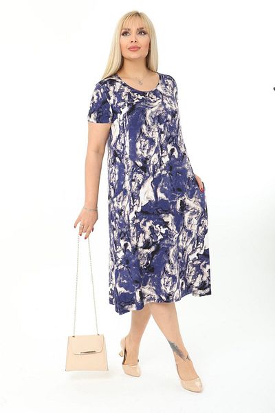 MELSAY Women's Short Sleeve Plus Size Blue Tie-Dye Pattern Standard Fit Viscose Dress 44-52 Size Range