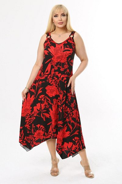 MELSAY Large Size Tropical Patterned Dress with Red Straps