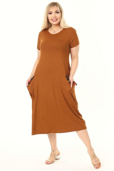 MELSAY Women's Short Sleeve Mustard Pockets Tassel Detail Midi Dress