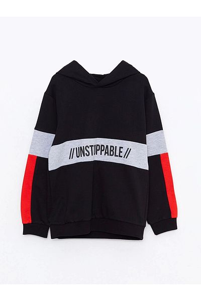 LC Waikiki Lcw Kids Black Hooded Printed Long Sleeve Boy Sweatshirt