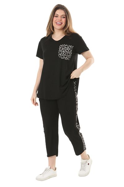 MELSAY Women's Black Checkered Pocket Short Sleeve Elastic Waist Large Size Bottom-Top Set