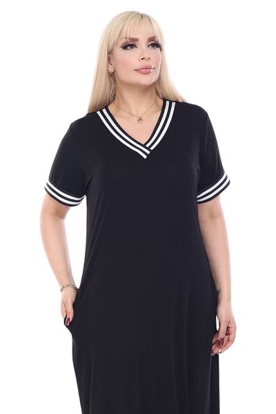 MELSAY Women's Large Size Short Sleeve Black Collar Striped V-Neck Viscose Dress