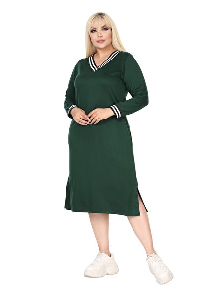 MELSAY Emerald Green V-Neck Striped Women's Sweat Dress