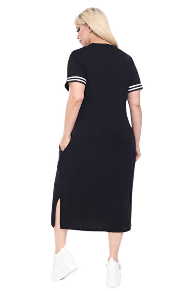 MELSAY Γυναικείο φόρεμα βισκόζης μεγάλου μεγέθους με κοντομάνικο μαύρο γιακά με ριγέ V λαιμόκοψη