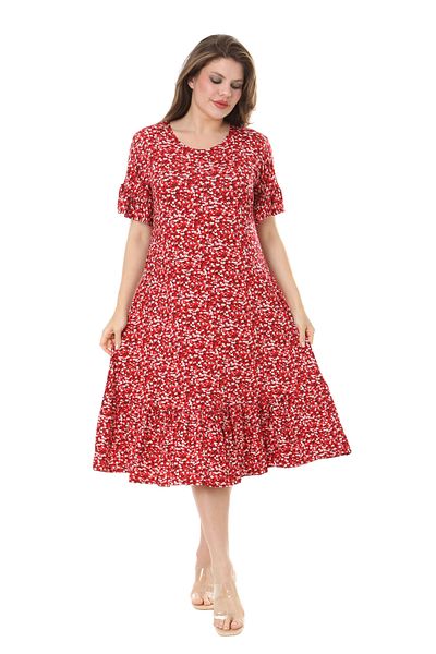 MELSAY Women's Plus Size Ruffle Pocket Short Sleeve Red Crisp Print Dress