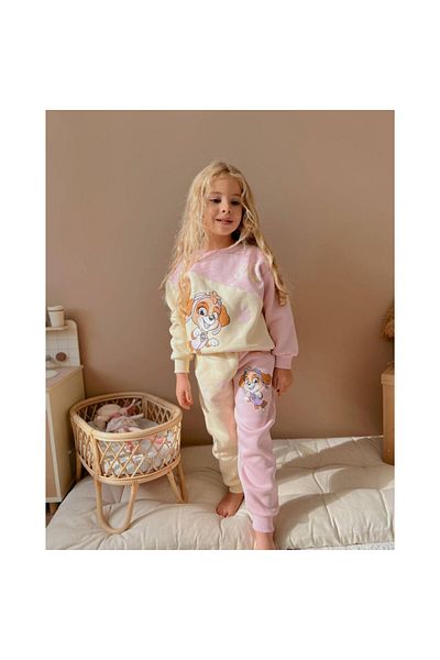 RİGEL KİDS Paw Patrol Printed, Ecru-Pink Color 3 Thread Raised Girl's Suit
