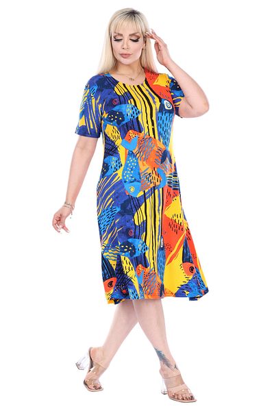 MELSAY Women's Plus Size Crew Neck Yellow Fish Pattern Midi Dress