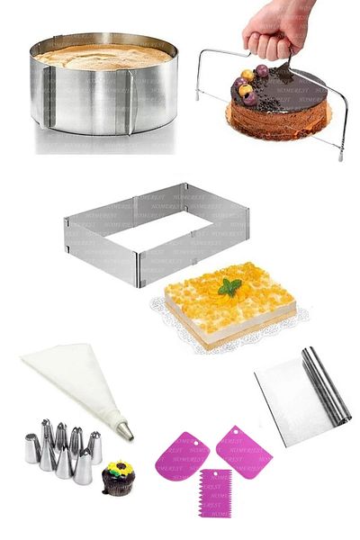 Seyese 8 Piece Cake Pastry Making Set, Adjustable Cake Molds, Icing Bag, Scraper Shaper