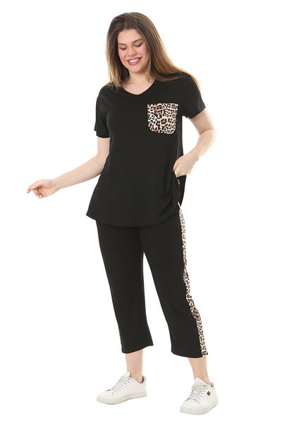 MELSAY Women's Black Leopard Pocket Short Sleeve Elastic Waist Large Size Bottom-Top Set