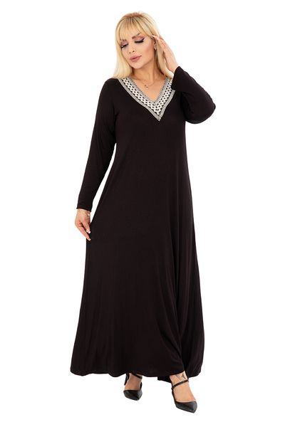 MELSAY Women's Black Plus Size Long Sleeve V-Neck Long Dress with Stripe Detail