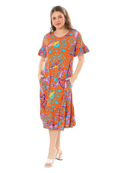 MELSAY Women's Short Sleeve Skirt Frilly Orange Retro Pattern Large Size Dress