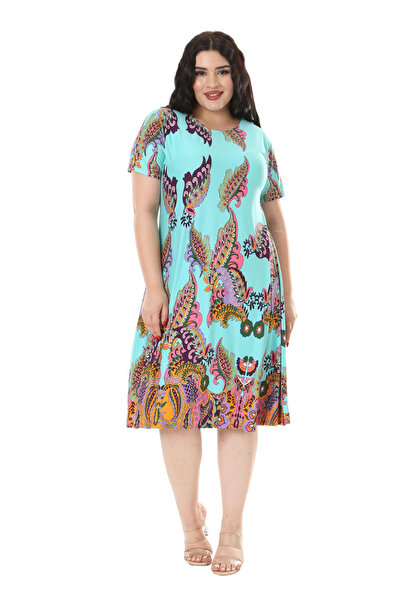 MELSAY Turquoise Shawl Patterned Short Sleeve Midi Dress - Women's Plus Size