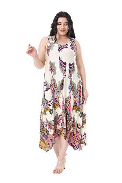 MELSAY Cream Color Shawl Patterned Buckle Women's Dress