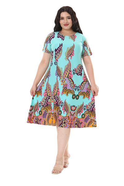 MELSAY Turquoise Shawl Patterned Short Sleeve Midi Dress - Women's Plus Size