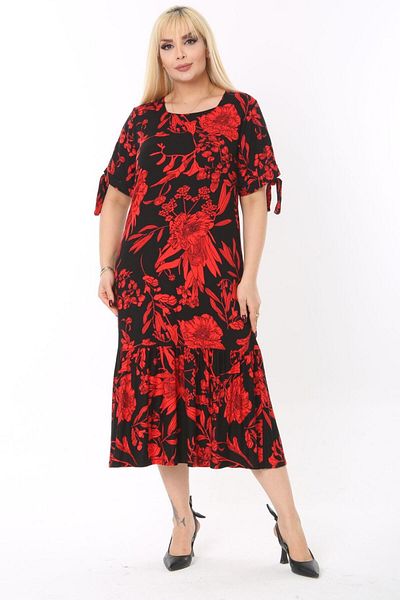 MELSAY Women's Plus Size Sleeves Rope Tie Red Leaf Pattern Dress
