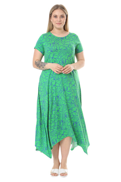 MELSAY Women's Green Flower Pattern Asymmetrical Cut Short Sleeve Dress