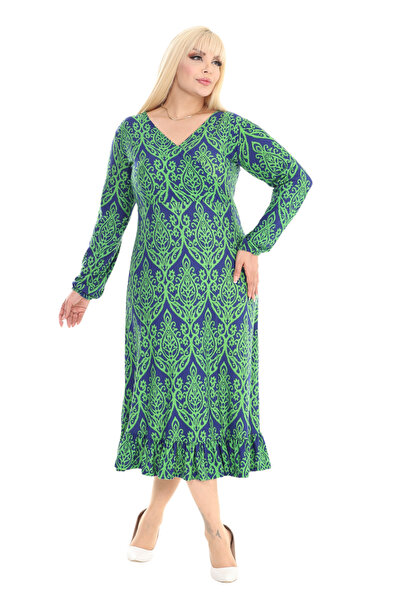 MELSAY Women's Winter Double-Breasted Collar Green Lace Patterned Skirt Ruffle Dress