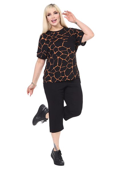 MELSAY Women's Large Size Black Stone Pattern Short Sleeve Pocket Capri Suit