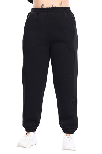 MELSAY Дамски черен анцуг с 3 прежди с половин цип и еластичен голям размер