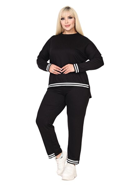 MELSAY Дамски черен анцуг с широки размери и раета с дълги ръкави и ластик на талията