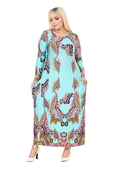 MELSAY Women's Turquoise Shawl Pattern Long Sleeve Pocket Long Dress