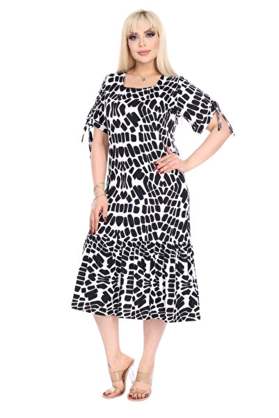 MELSAY Rochie midi cu imprimeu alb cu mâneci legate