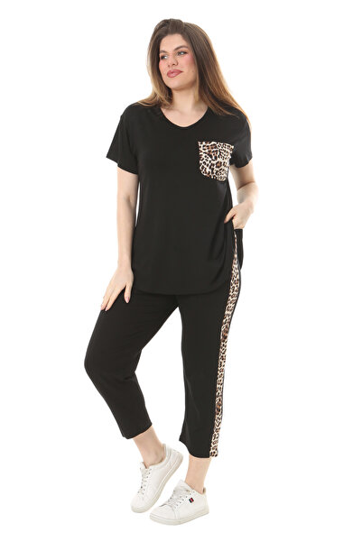 MELSAY Set de damă cu mânecă scurtă cu buzunare leopard negru, talie elastică, dimensiuni mari, de jos-sus