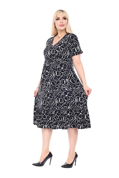 MELSAY Women's Black and White Floral Pattern V-Neck Short Sleeve Robe Dress