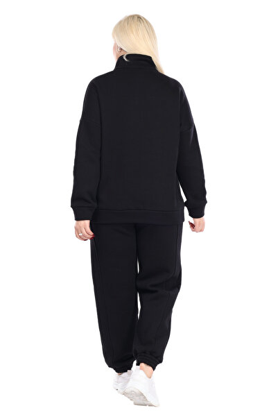 MELSAY Дамски черен анцуг с 3 прежди с половин цип и еластичен голям размер