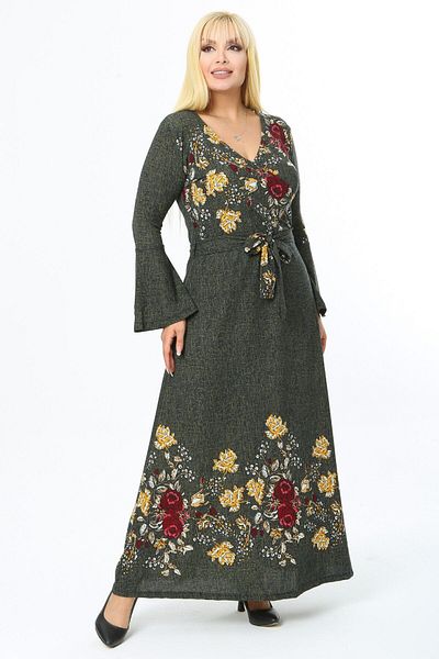 MELSAY Women's Plus Size Crepe Double Breasted Collar Green Flower Pattern Flywheel Sleeve Long Dress