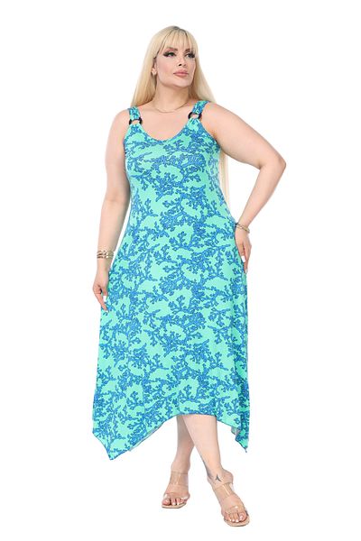 MELSAY Green Blue Coral Patterned - Women's Strap Dress with Buckle Detail