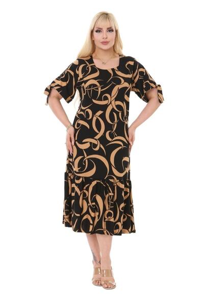 MELSAY Kadın Büyük Beden Kolları Bağlamalı Taba Dalga Desen Elbise